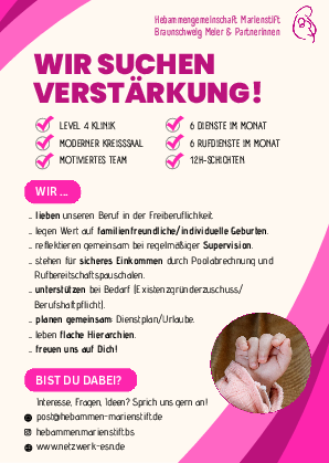 Stellenausschreibung Hebammengemeinschaft Marienstift Braunschweig Meier & Partnerinnen Hebammengemeinschaft Stellenausschreibung Marienstift Braunschweig Meier & Partnerinnen