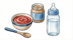 Brei für das Baby und eine Trink-Flasche